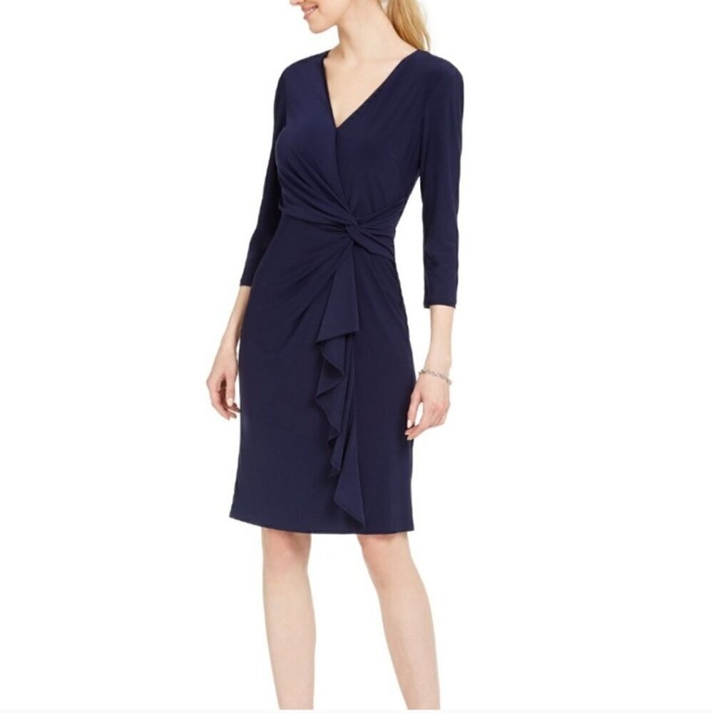 Jessica Howard NWT Navy Jersey Knit Ruched Ruffle Front Dress Size 18